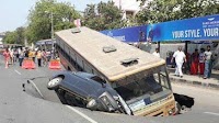 Chennai: Mount road in Anna Salai caves in taking down bus, car