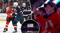 Canadian hockey fans boo US national anthem with Trudeau in crowd before Americans win brawl-filled showdown