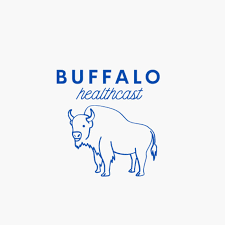 Podcast logo; white square with line drawing of a buffalo in blue and text reading Buffalo Healthcast in blue