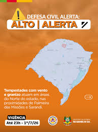 condição de ALERTA para tempestades com rajadas de vento e granizo que atuam em áreas do Norte do estado
