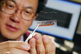 Professor Zhong Lin Wang holds an earlier version of the nanogenerators developed using zinc oxide nanowires. Credit: Gary Meek - 27092_web