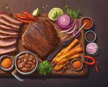 Image of various Texas food items, such as barbecue, tacos, and fresh produce