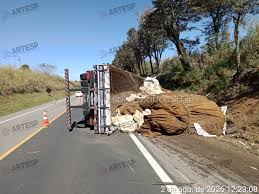 Motorista fica gravemente ferido em acidente de caminhão com batata em rodovia no interior de SP