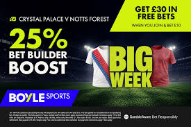 Palace vs Forest: Bet £10 get £30 and a 25% bet builder boost with BOYLE Sports