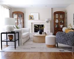 Image of living room with furniture arranged around a fireplace