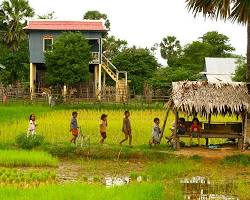 A rural village in Cambodia with traditional houses.