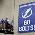 Buckhorn hoisting Lightning banner in downtown Tampa today