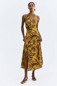 Women's Dark yellow/plants Jersey Halterneck Dress | H&M US