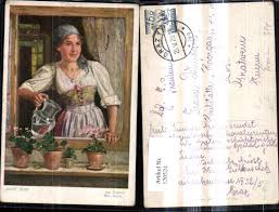 120524,Künstler Ak Josef Süss Am Fenster Frau Blumentöpfe | eBay
