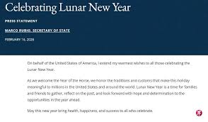 美国务卿鲁比奥发声明祝贺农历新年