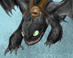 Image of Toothless in different poses: flying, sitting, angry