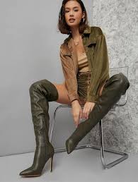 Amazon.com | Liliana Women Stretchy PU Thigh High Boot Pointed Toe Stiletto Hight Heel Over The Knee Boot, 8.5, Olive | Over-the-Knee - Product from Amazon.com