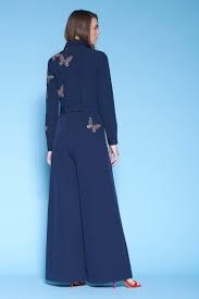 Shahin Mannan Blue Double Crepe Spread Collar Embroidered Jumpsuit| Aza Fashions| Party - Product from Aza Fashions