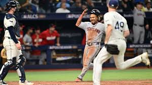 Tampa Bay Rays celebrate their ALCS Game 2 victory over the Cleveland Guardians