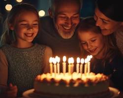happy family gathered around a birthday cake with candlesの画像
