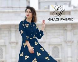 Ghazi fabric Rungrez Collection Stitched Linen navyblue Long Frock with polka print