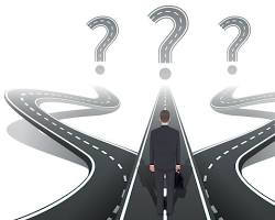 Image of person standing at a crossroads with different paths labeled ethical dilemmas