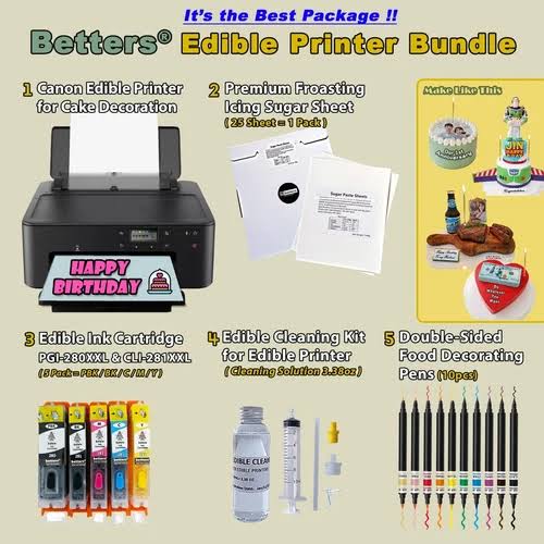 Betters Edible Printer Bundle Cake Topper Image with Ink Cartridges, 25 Sugar Sheets and Cleaning Kits