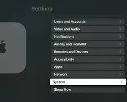 Image of Apple TV Settings app with System option highlighted