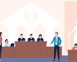 Image of courtroom scene with a judge, lawyers, and jurors