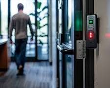 Image of typical gate entry management system, showing a person using a biometric scanner to access a secured area