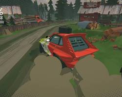 Imagem de Art of Rally gameplay screenshot showing a scenic rally stage