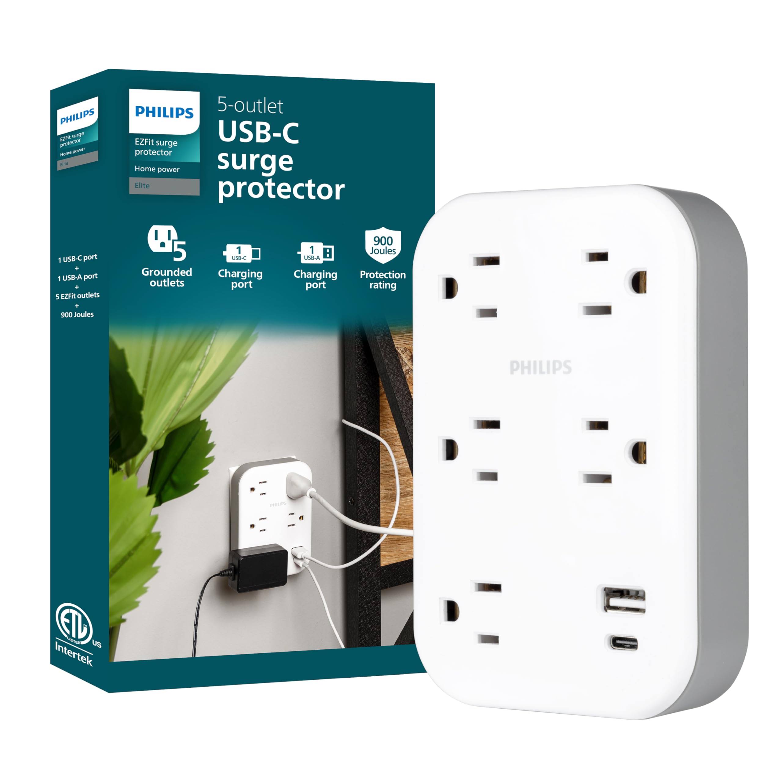 Philips 5-Outlet Surge Tap with USB-A USB-C 900 Joules Adapter