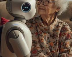 Изображение: elderly person smiling and interacting with a companion robot that provides conversation and emotional support
