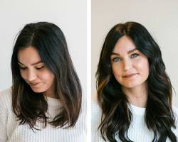 woman before and after getting permanent hair extensions, showing the dramatic difference in length and volume