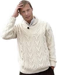 100% Merino Wool Aran Shawl Collar Aran Sweater Natural at Amazon Men's Clothing store: Pullover Sweaters
