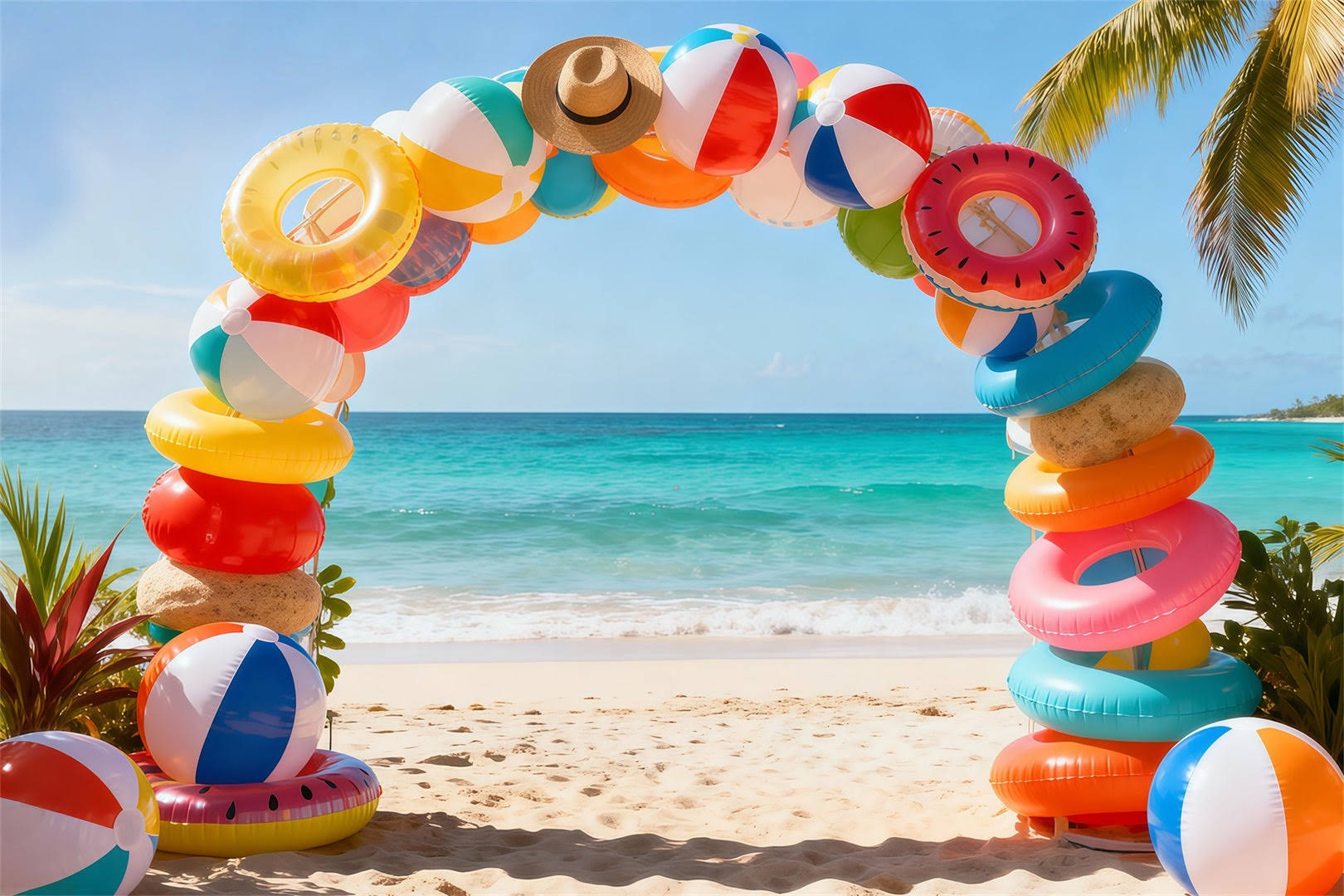 Beach Photo Backdrop Swimming Ring Ball Arch Fun Summer Backdrops RR61-2, 7'W*5'H(2.2*1.5m)