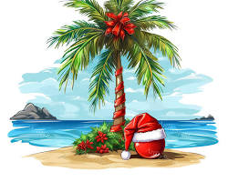 Image of palm tree with a Santa hat and a scarf