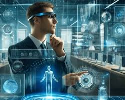 Изображение: person wearing AR glasses interacting with a holographic interface that displays news feeds and updates about AI in the home.