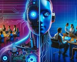 Изображение: futuristic home with holographic interfaces and AIpowered robots assisting with various tasks.