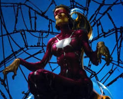 Madame Web in a futuristic cityscape