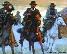 Image of group of cowboys on horseback, riding through the rugged Arizona desert, representing the Earp Vendetta Ride