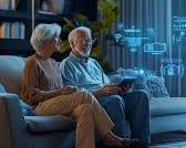 Изображение: happy family relaxing in a smart home, with soft lighting and a robot vacuum cleaner working in the background.