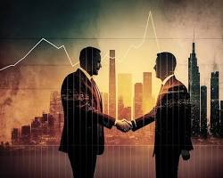 two people shaking hands, with a city skyline in the backgroundの画像