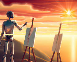 Imagen de human artist working alongside an AI on a digital canvas