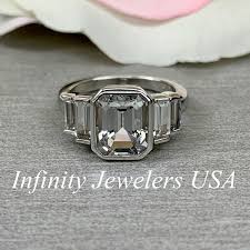 Emerald Cut Moissanite Engagement Ring, 5 Stone Wedding Ring, 14K White Gold Emerald Cut R