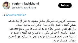 «محمد اکبرپور»، خبرنگار ساکن مشهد، به نقل از یک شاهد عینی : راننده حادثه بلوار وکیل‌آباد، ازچهره‌های حامی نظام بود