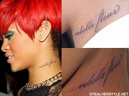 The stars match former boyfriend Chris Brown&#39;s trio of stars behind his ear. In August 2010, Rihanna got a tattoo of the text “rebelle fleur” written in ... - tumblr_mda9t2w8FN1rn1h9l