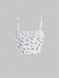 MakeMeChic Women's Ditsy Floral Print Ruched Bust Tie Front Ribbed Knit Summer Shirts Crop Cami Top Blue and White X-Small at Amazon Women's Clothing store