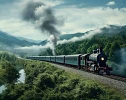 Image of train traveling through a scenic landscape