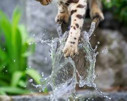 Bengal cat playing with water resmi