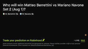 August 2, 2026: Matteo Berrettini vs Mariano Navone: Set 2 Winner Tennis Prediction Market