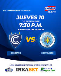🔵🔴⚽ ¡Hoy, jueves 10 de setiembre en #RadioExitosa! A partir de las 7:00 p. m., no te pierdas la previa y narración del partido Cienciano vs. Montevideo City Torque, desde el Estadio Inca Garcilaso de la Vega, por la ida de los cuartos de final de la Copa Sud