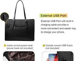 Image of leather tote bag with built in tech compartments in black