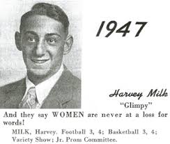 Harvey Milk&#39;s senior photo with profile in his high school yearbook. Harvey&#39;s graduating profile from the Bay Shore High School yearbook - Harvey-Milk-Yearbook