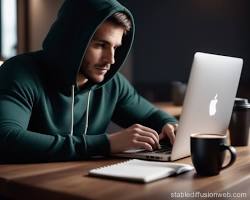 Image of male in his late 20s, wearing a hoodie and headphones, working on a laptop